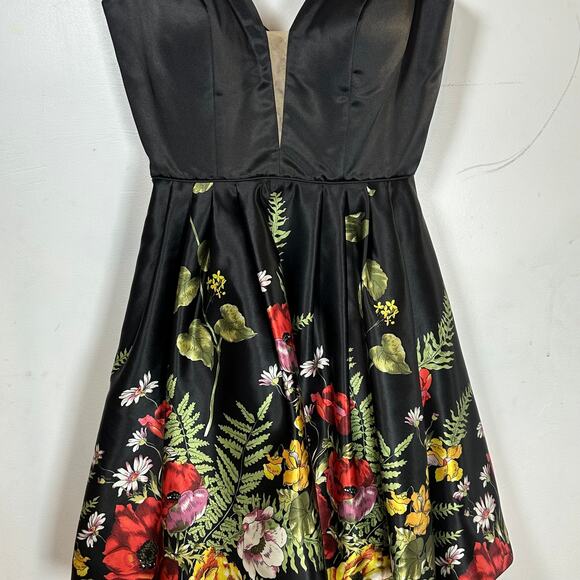 Sherri Hill Black floral plunge fit flare mini dress womans size 4‎ - Picture 3 of 16